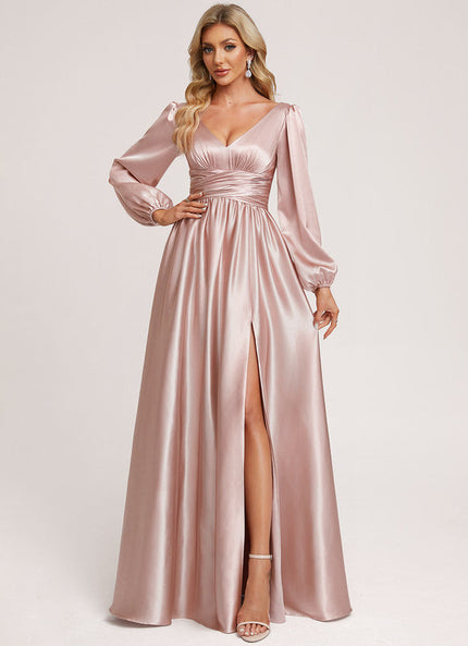 Robe Pastel Rose Satin Longueur Ras Du Sol