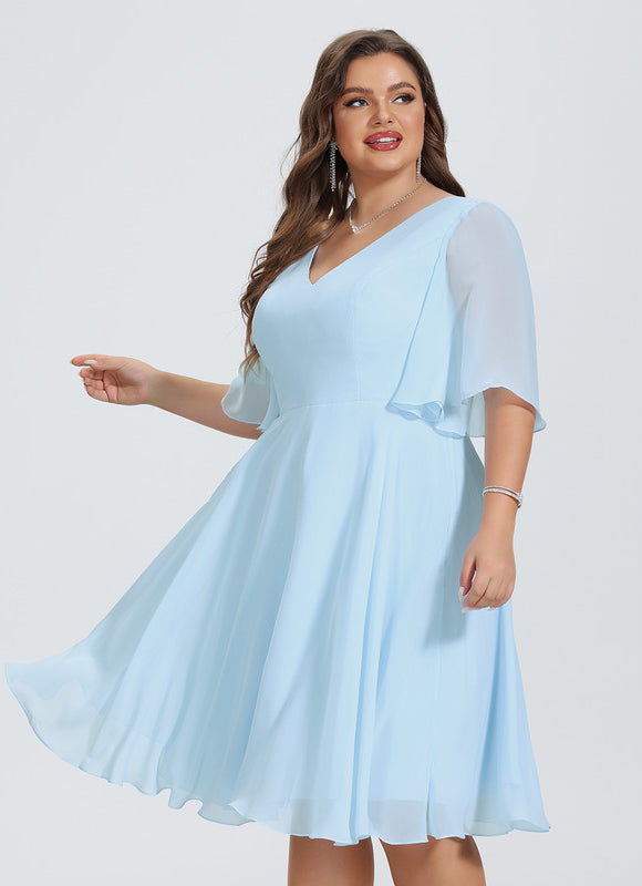 Robe Pastel Bleu Col V Mousseline Genou - gallery 7