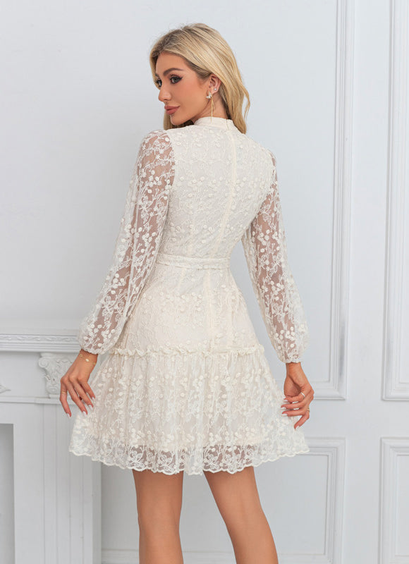 Robe Pastel Écrue Col Montant Dentelle - gallery 1
