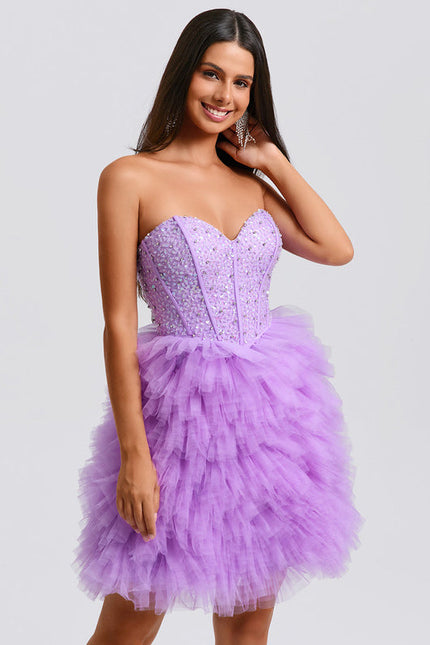 Robe Pastel Violet Paillettes Tulle Court - gallery 3