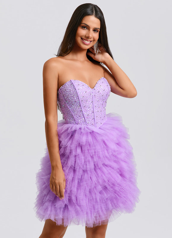 Robe Pastel Violet Paillettes Tulle Court - gallery 3