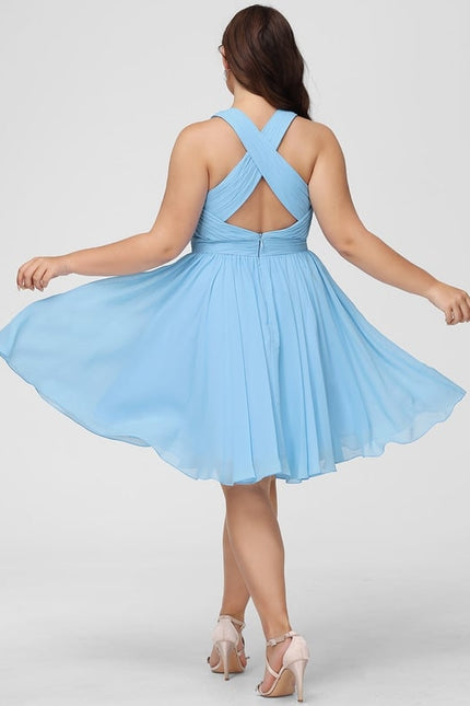 Robe Pastel Bleu Col V Trapèze Mousseline - gallery 5