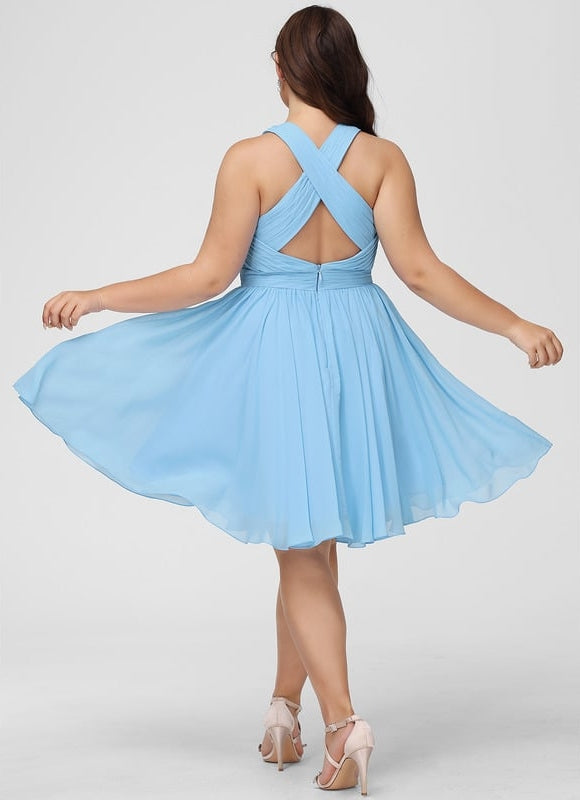 Robe Pastel Bleu Col V Trapèze Mousseline - gallery 5