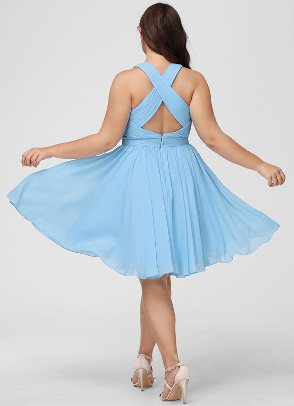 Robe Pastel Bleu Col V Mousseline Volants - gallery 5