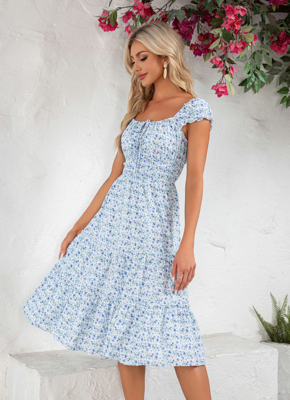 Robe Pastel Bleu Fleurs Volants Midi - gallery 5