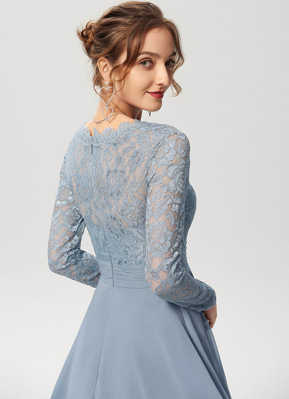Robe Pastel Bleu Col V Dentelle Genou - gallery 2