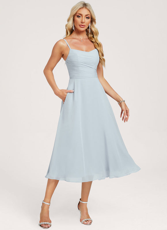 Robe Pastel Bleu Col V Longueur Mollet