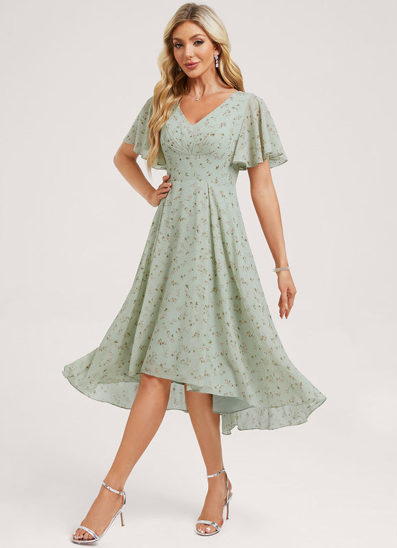 Robe Pastel Bleu Asymétrique Col V Volants - gallery 3