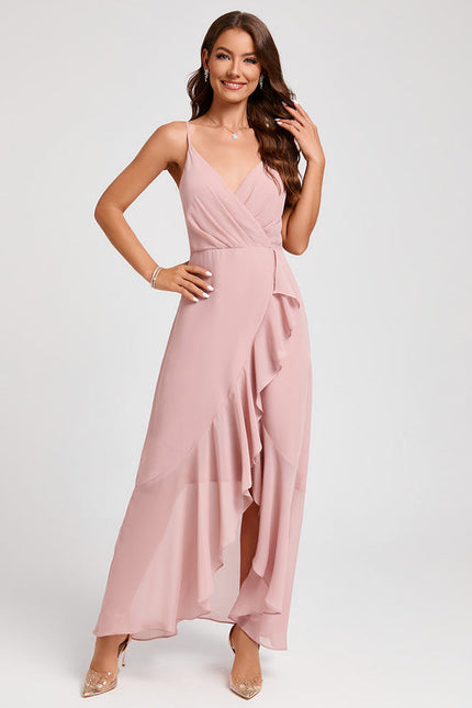 Robe Pastel Rose Col V Asymétrique À Volants - gallery 5