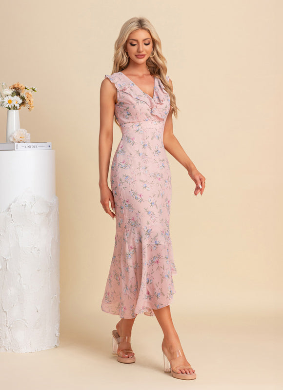 Robe Pastel Rose À Volants Fleurie - gallery 4