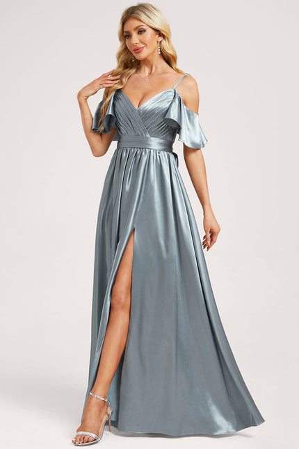 Robe Pastel Satin Bleu Décolleté Épaules - gallery 2