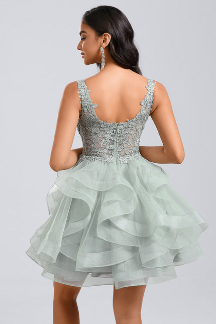 Robe Pastel Verte Col V Tulle Dentelle - gallery 1