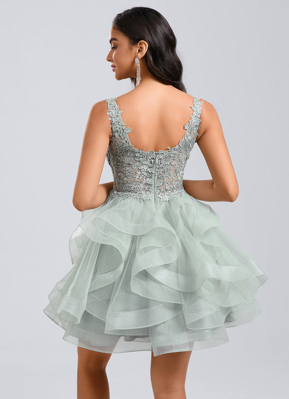 Robe Pastel Verte Col V Tulle Dentelle - gallery 1