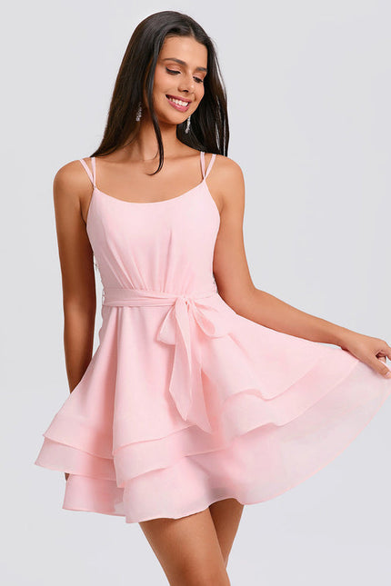 Robe Pastel Rose Col Rond Trapèze Plissée - gallery 4
