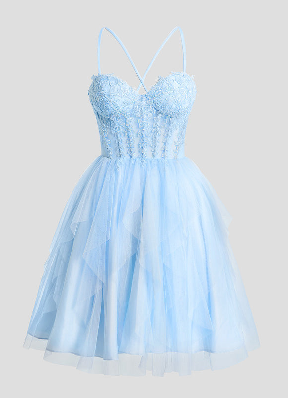 Robe Pastel Bleu Ciel Col Cœur Volants - gallery 7
