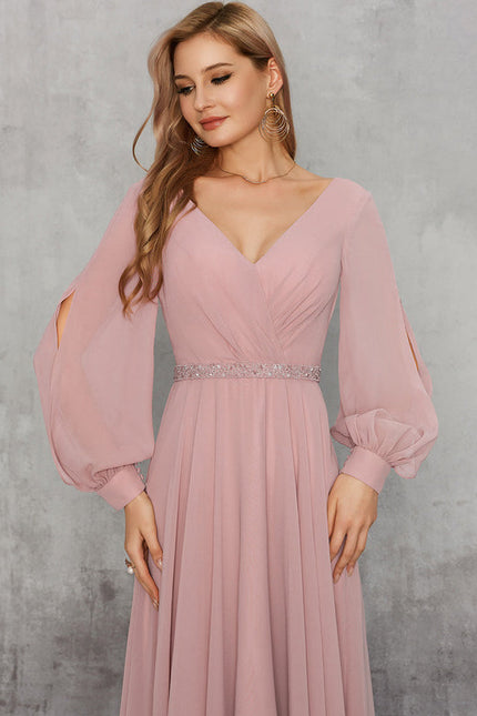 Robe Pastel Rose Trapèze Col V Élégant - gallery 3