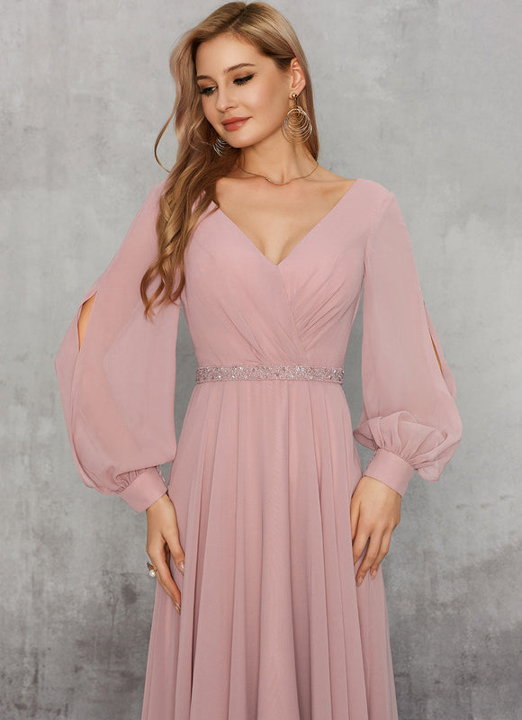Robe Pastel Rose Trapèze Col V Élégant - gallery 3