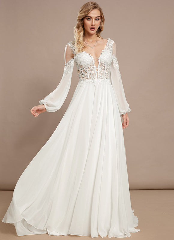 Robe Pastel Blanche Col V Traîne Dentelle - gallery 2