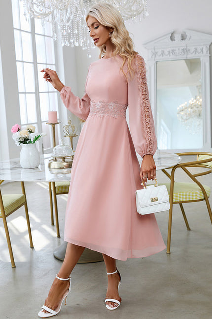 Robe Pastel Rose Col Rond Dentelle Midi - gallery 3
