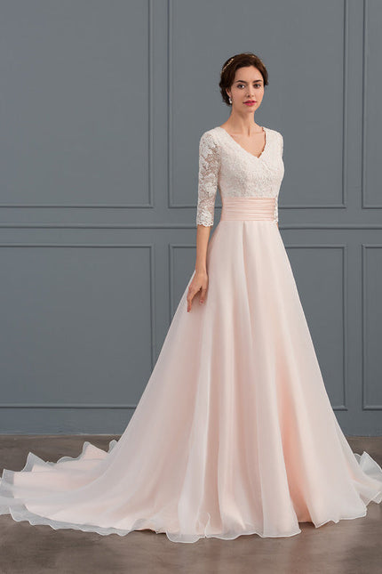 Robe Pastel Rose Col V Traîne Moyenne - gallery 3