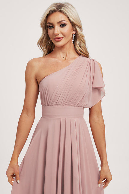 Robe Pastel Rose Décolleté Asymétrique Volants - gallery 3