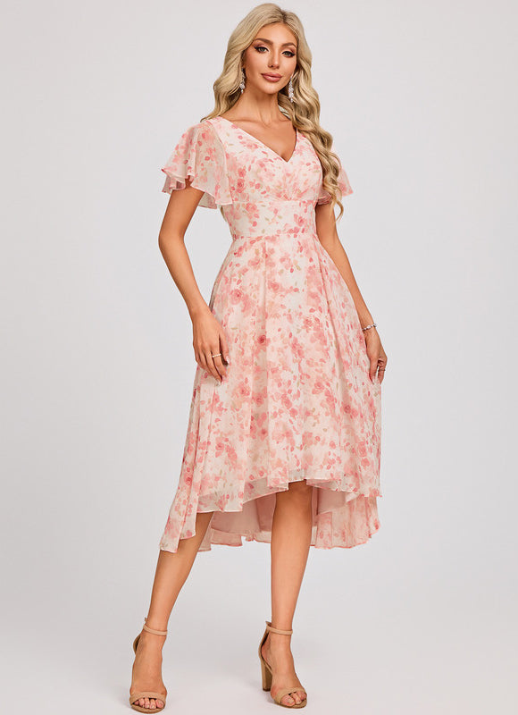 Robe Pastel Bleu Asymétrique Col V Volants - gallery 3