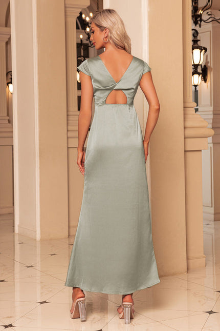 Robe Pastel Vert Satin Maxi Col V - gallery 5