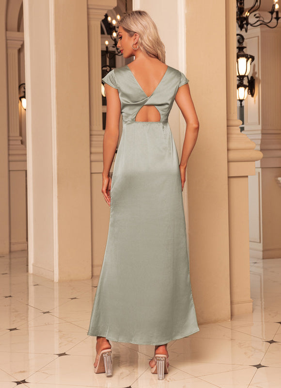 Robe Pastel Vert Satin Maxi Col V - gallery 5