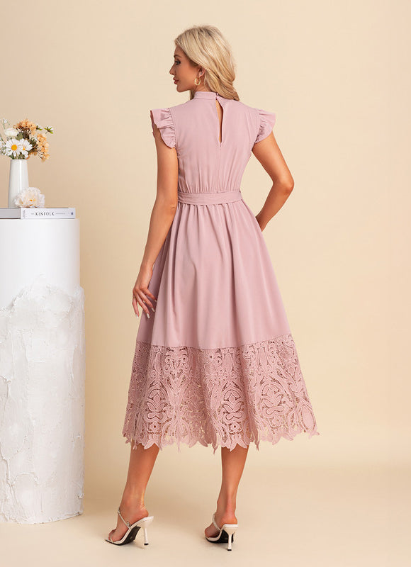 Robe Pastel Rose Dentelle Col Montant - gallery 2