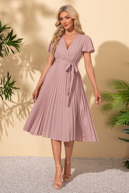 Robe Pastel Rose Col V Midi Trapèze