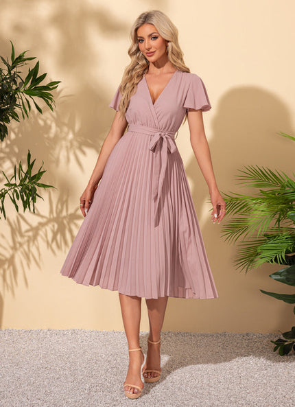 Robe Pastel Rose Col V Midi Trapèze