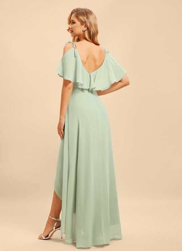 Robe Pastel Bleu Asymétrique Col V Volants - gallery 2