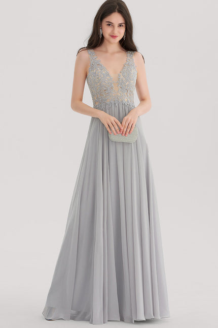Robe Pastel Grise Mousseline Strass Col V - gallery 3