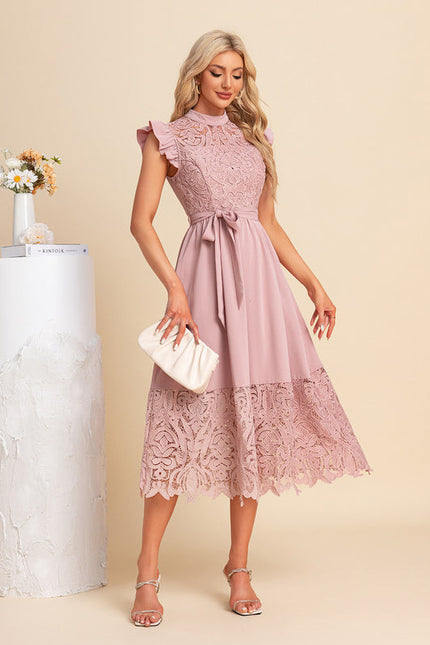 Robe Pastel Rose Dentelle Col Montant - gallery 3