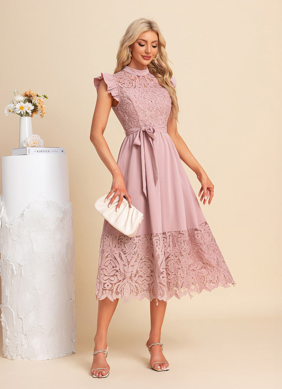 Robe Pastel Rose Dentelle Col Montant - gallery 3