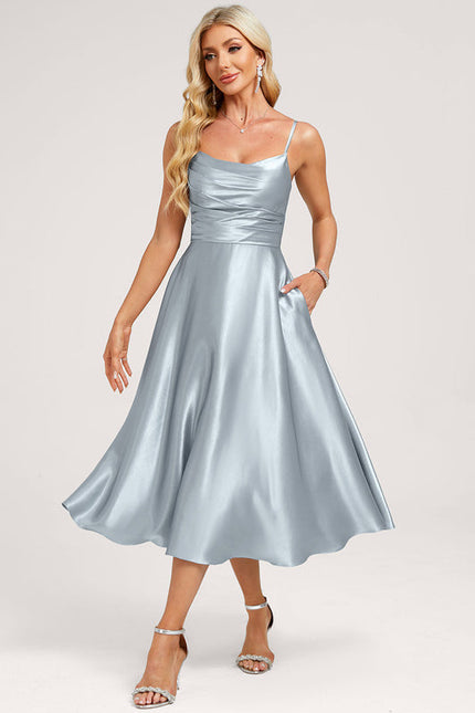 Robe Pastel Satin Bleu Ciel Trapèze - gallery 1