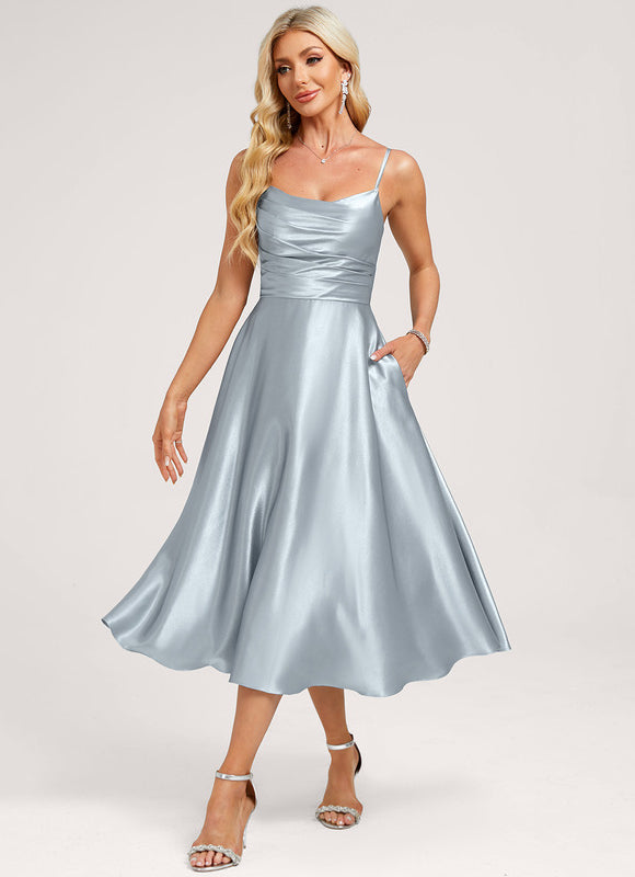 Robe Pastel Satin Bleu Ciel Trapèze - gallery 1