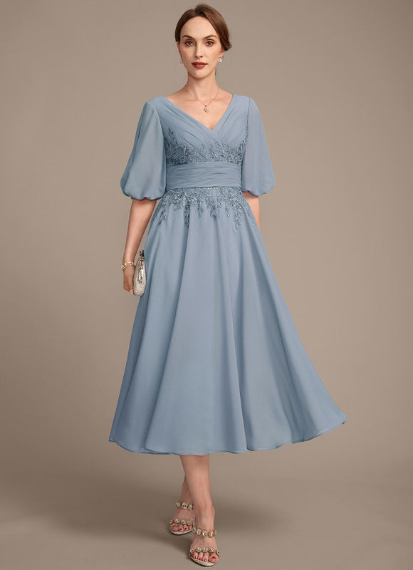 Robe Pastel Bleu Col V Longueur Mollet