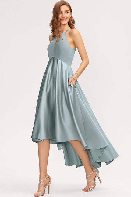 Robe Pastel Satin Trapèze Bleu Canard - gallery 3