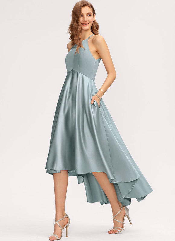 Robe Pastel Satin Trapèze Bleu Canard - gallery 3