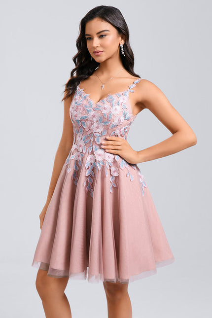 Robe Pastel Rose Col V Tulle Dentelle - gallery 8