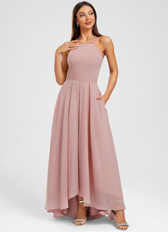 Robe Pastel Rose Mousseline Asymétrique Trapèze - gallery 5
