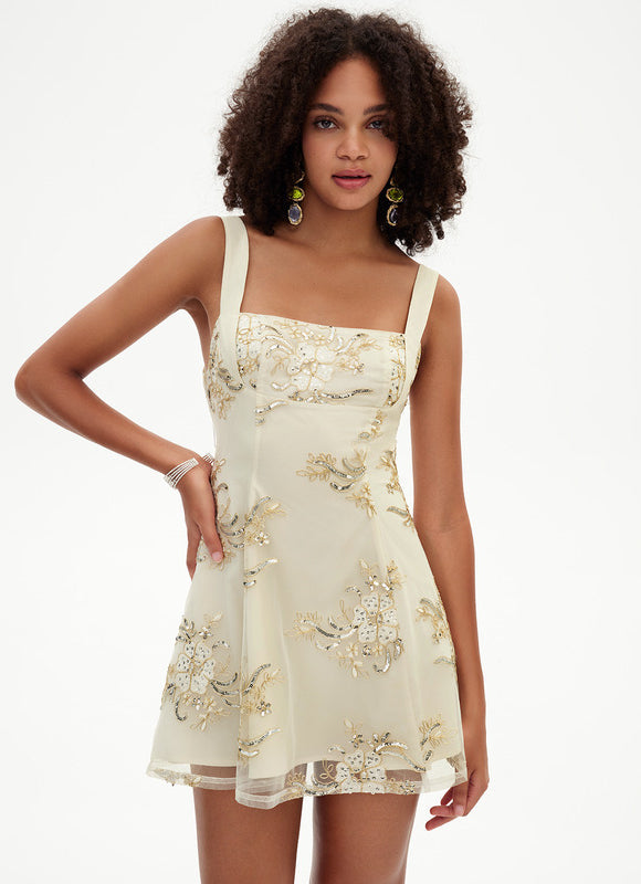 Robe Pastel Crème Dentelle Mini Paillettes - gallery 6