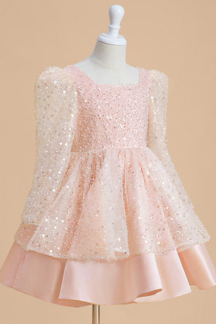 Robe Pastel Rose Paillettes Col Carré - gallery 1