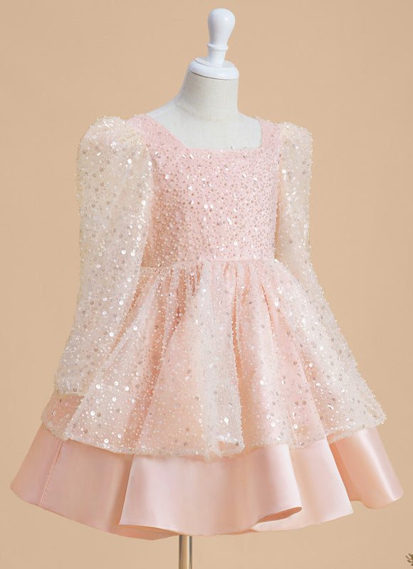 Robe Pastel Rose Paillettes Col Carré - gallery 1