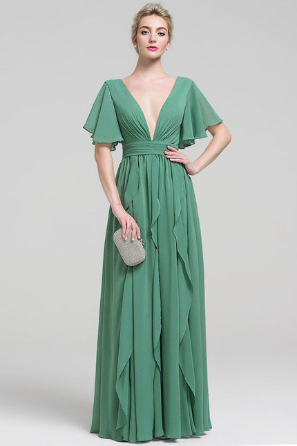 Robe Pastel Verte Col V Fluide Volants