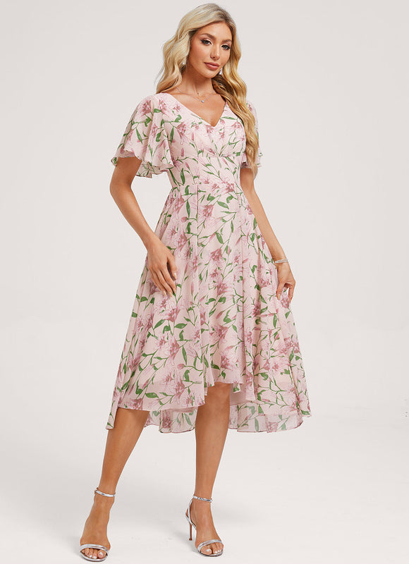 Robe Pastel Bleu Asymétrique Col V Volants - gallery 2