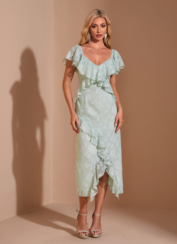 Robe Pastel Verte À Volants Midi - gallery 3