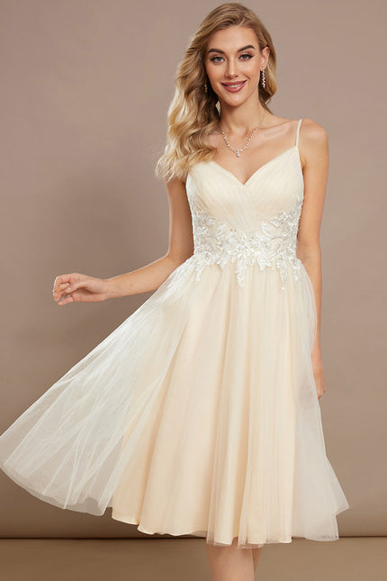 Robe Pastel Beige Trapèze Col V Genoux