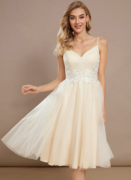 Robe Pastel Beige Trapèze Col V Genoux